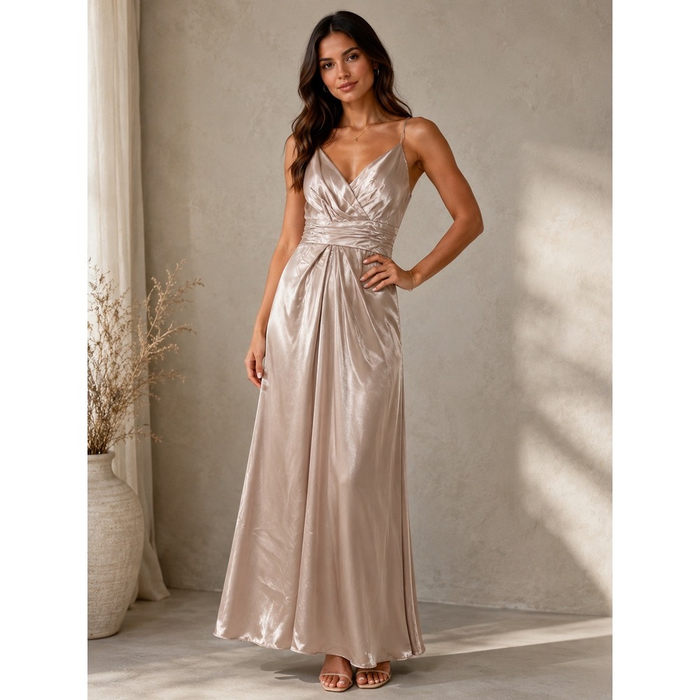 Christina Wu Celebration Gown Bridesmaid Dress‎ 14 N8123 Nude Silver Metallic